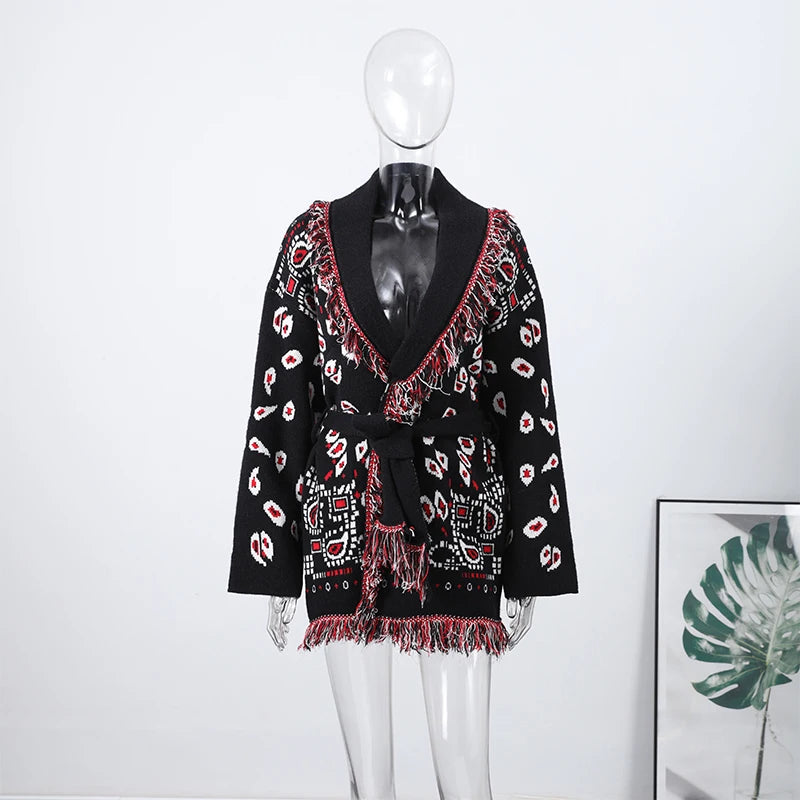 Women's Printed Tassel Knit Cardigan – Loose V-Neck Coat