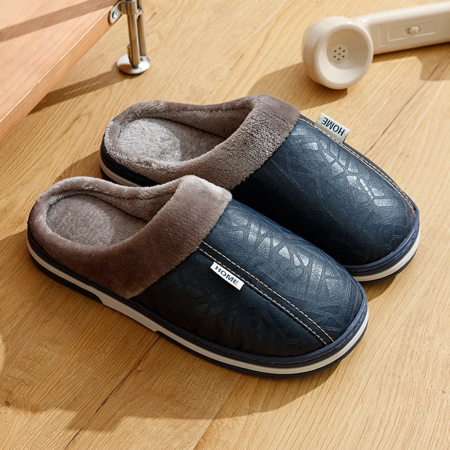 Men's Waterproof PU Leather Winter Slippers - Fur Lined Large Size 40-51