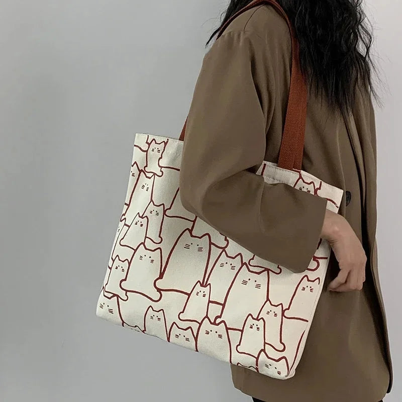 Cute Cat Canvas Tote Bag Women's Shoulder Shopper