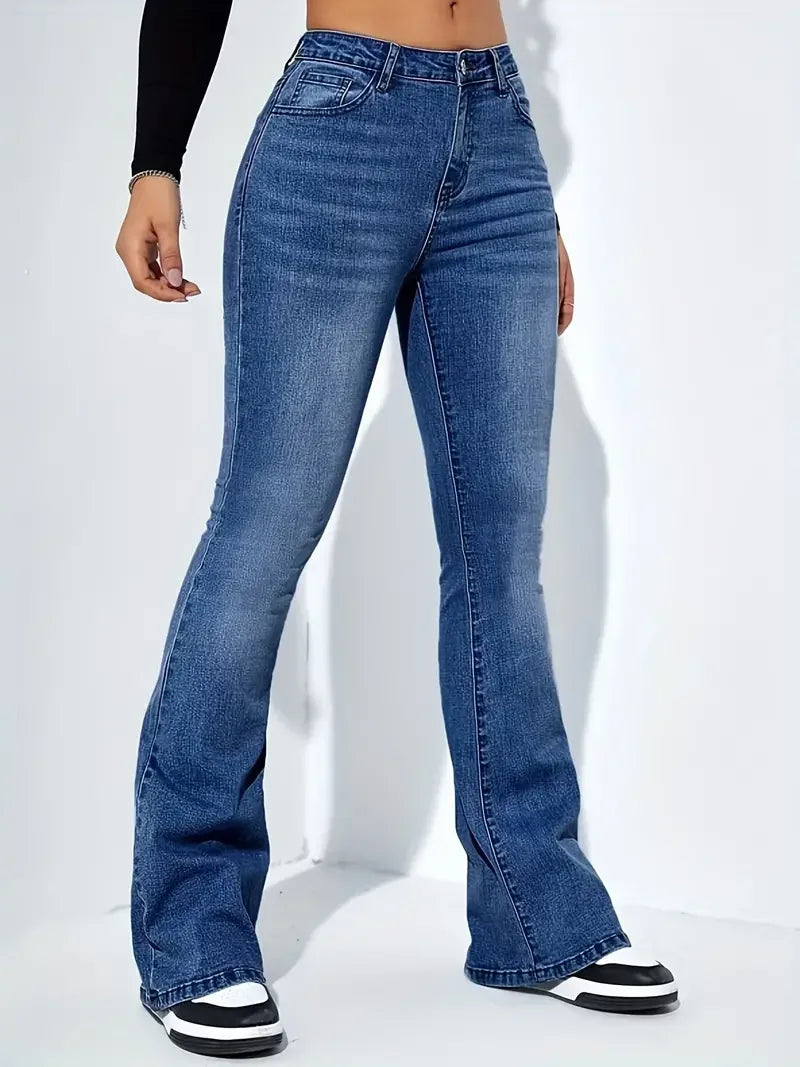 Women's High-Waist Flare Jeans – Stretch Bell Bottom Denim Pants