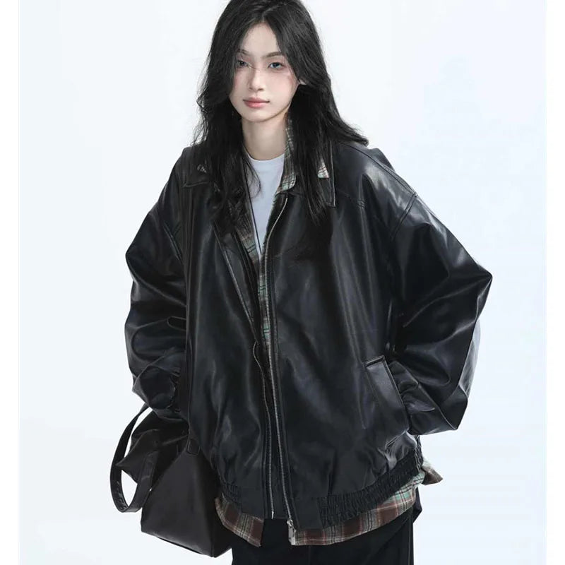 Women's Retro Faux Leather Jacket – Oversized PU Zip Coat