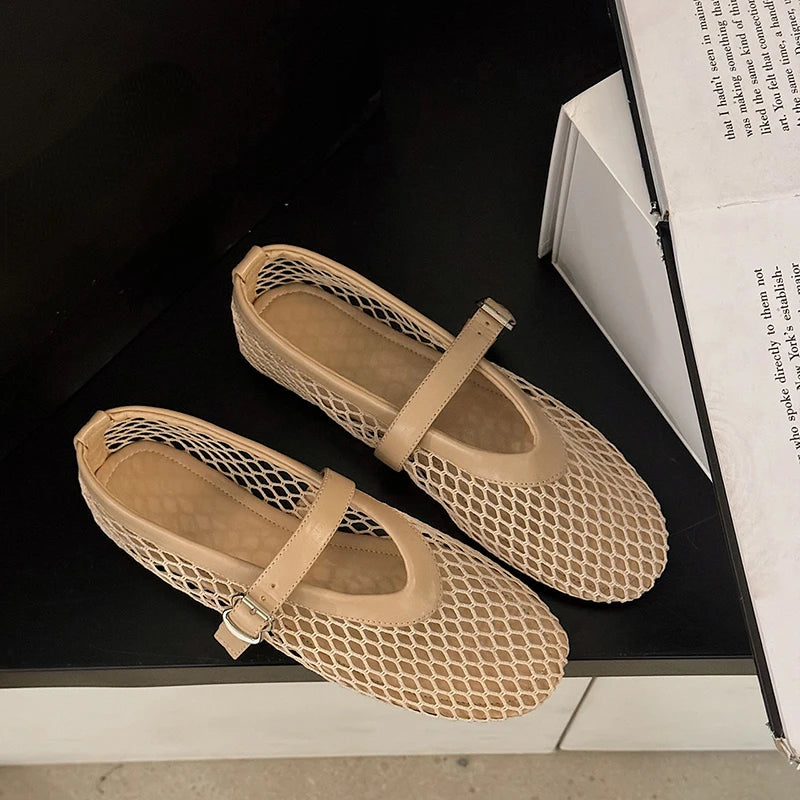 Women's Mesh Mary Jane Flats – Breathable Round Toe Buckle Casual Shoes