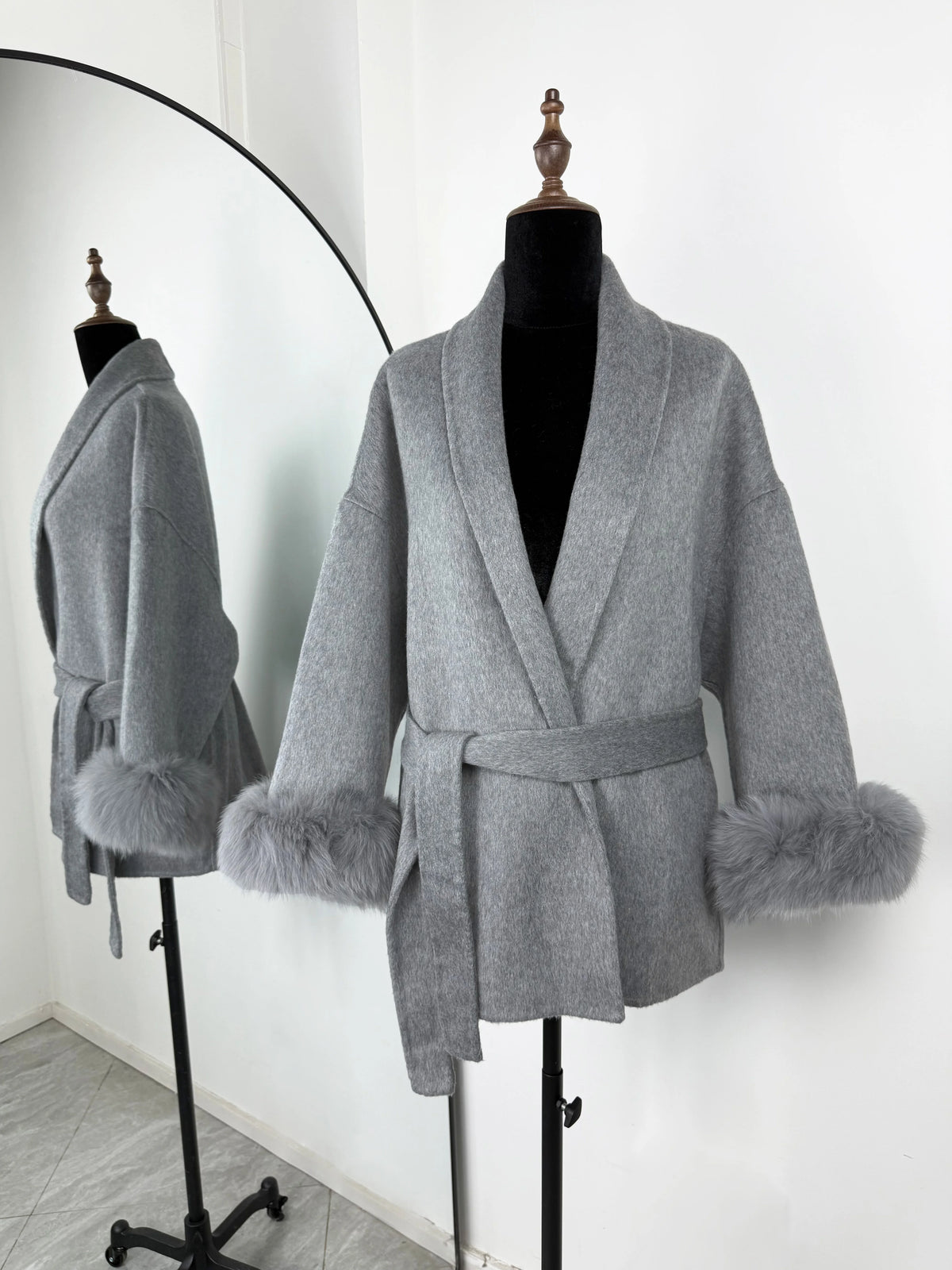 Women's Fox Fur Trim Double-Sided Wool Coat – Belted Elegant Wrap