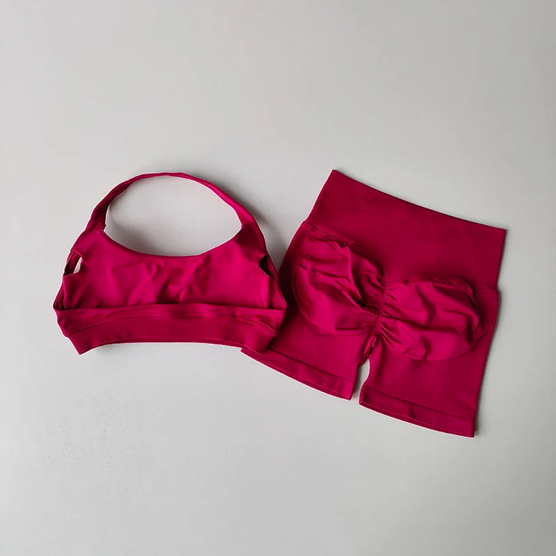 Women's Halter Neck Sports Bra & Scrunch Shorts Set