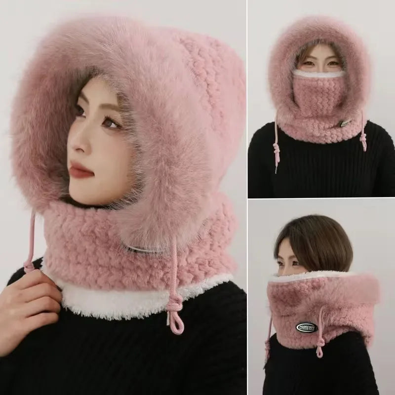 Women's Thermal Plush Hood Hat Scarf with Face Mask & Ear Protection
