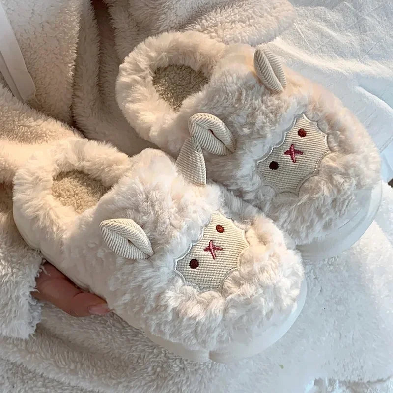 Cute Cartoon Sheep Plush Slippers for Women – Warm Fluffy Indoor Slides