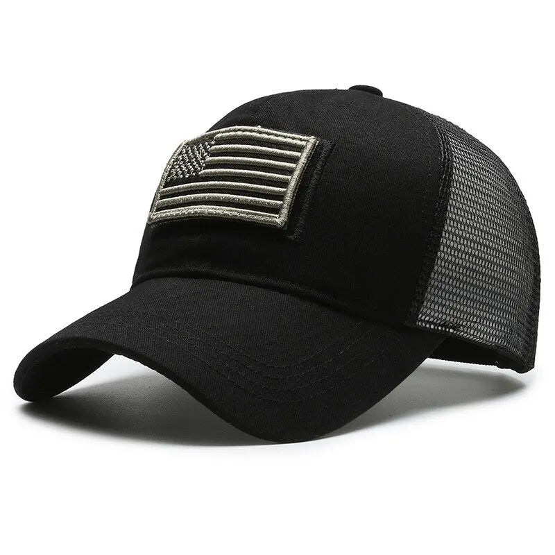 Camouflage Baseball Cap with American Flag Patch – Men's Mesh Trucker Hat