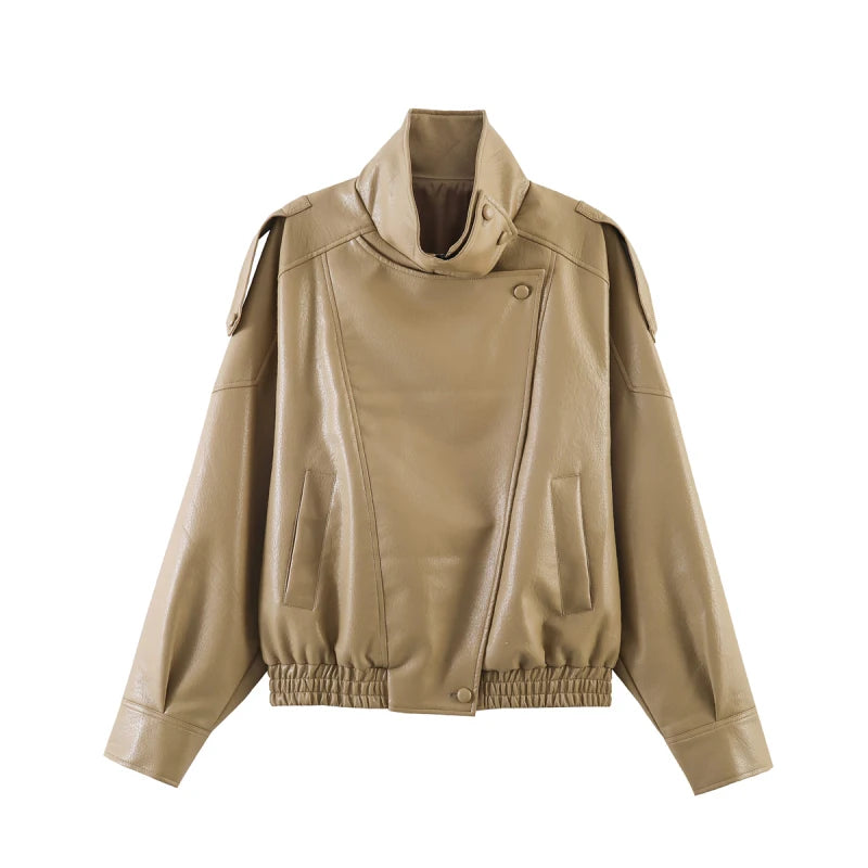 Faux Leather Moto Jacket for Women – Oversized PU Streetwear Coat