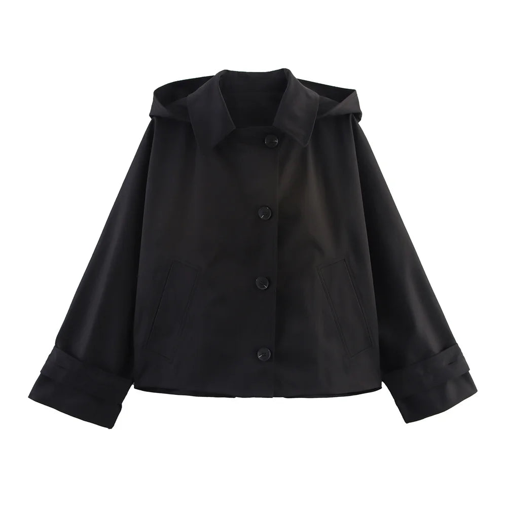 Women's Short Hooded Trench Coat – Single Breasted Jacket