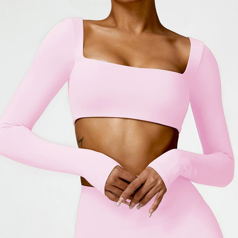 Women's Long Sleeve Square Neck Crop Top Gym Shirt