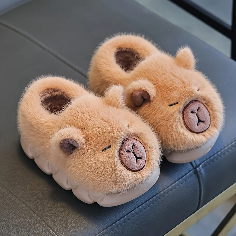 Kids Capybara Fuzzy Slippers – Warm Non-Slip Cotton Shoes
