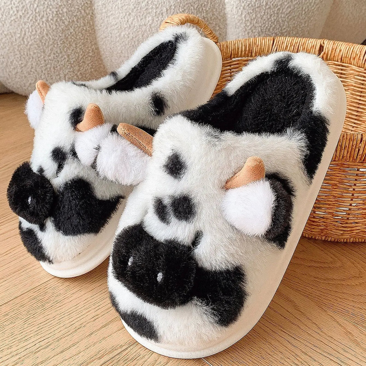 Cute Cartoon Cow Plush Slippers - Fluffy Fuzzy Fur Winter House Slides