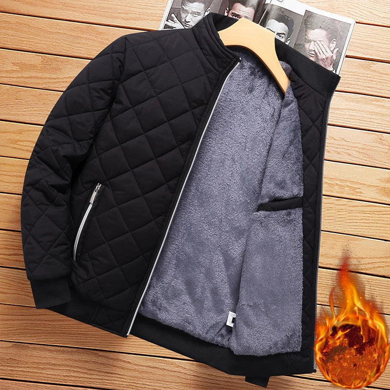 Men's Fleece-Lined Bomber Jacket – Diamond Quilted Slim Fit Winter Coat