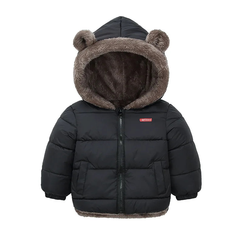 Kids Bear Ear Hooded Puffer Jacket – Fleece-Lined Winter Coat