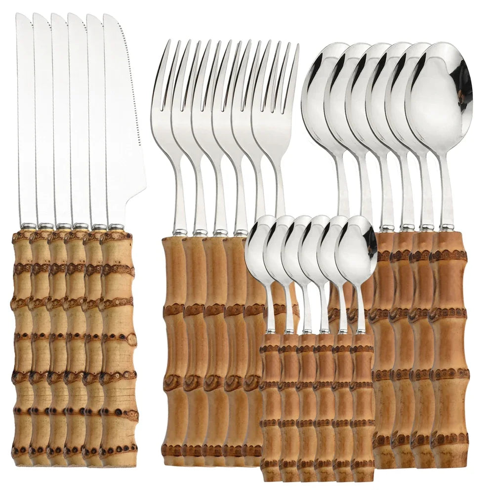 24-Piece Bamboo Handle Stainless Steel Cutlery Set – Flatware Dinnerware