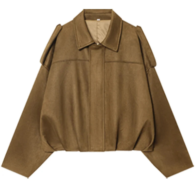 Suede Cropped Bomber Jacket Women Oversized Batwing Sleeve Casual Coat