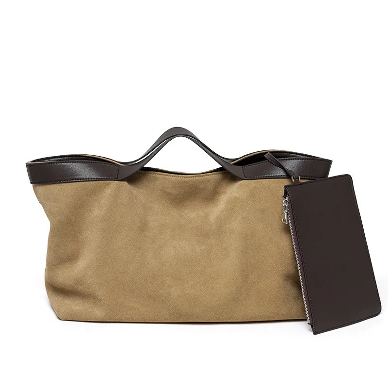 Oversized Suede Tote Bag with Leather Trim & Pouch