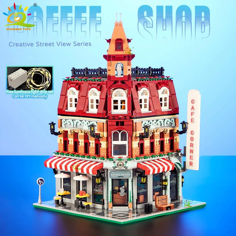 MOC City Corner Coffee Shop Micro Building Blocks Set