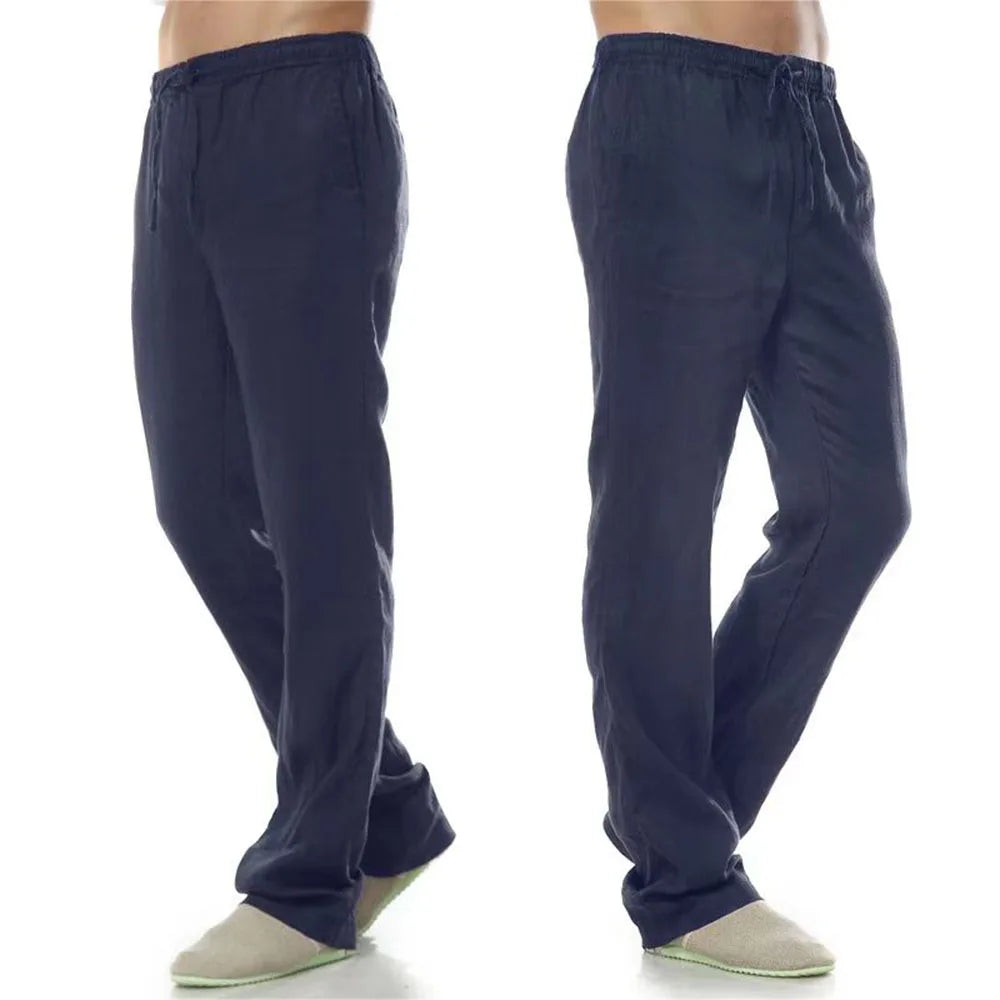 Men's Cotton Linen Pants – Breathable Drawstring Trousers with Back Pocket