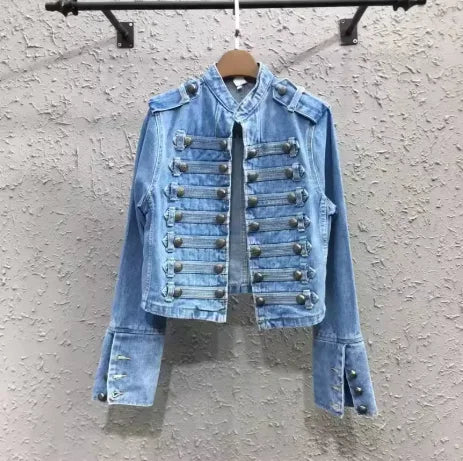 Women's Cropped Military Denim Jacket – Streetwear Style