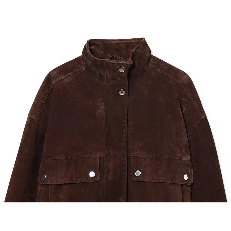 Women's Suede Bomber Jacket – Slim Fit with Big Pockets