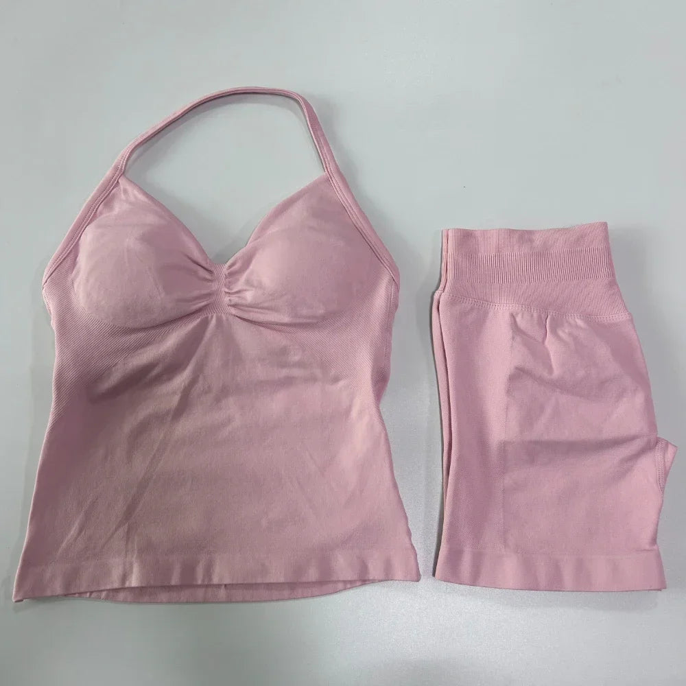 Women's 2-Piece Seamless Sports Set – Backless Tank Top & Scrunch Shorts