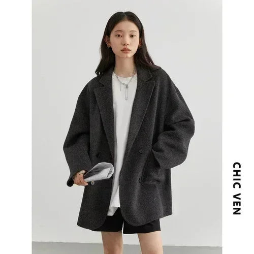 Women's Woolen Double-Breasted Oversized Coat