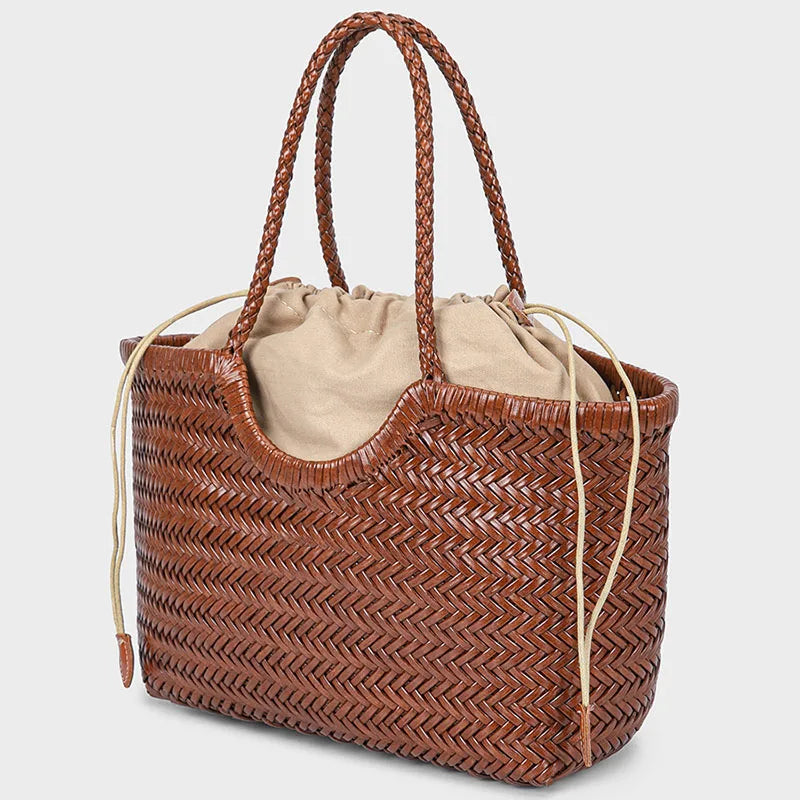 Genuine Leather Tote Bag for Women – Woven Cowhide Shoulder Purse
