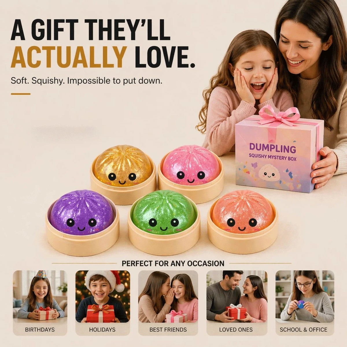 Glitter Squishy Stress Ball – Sparkle Bun Fidget Toy in Steamer Basket