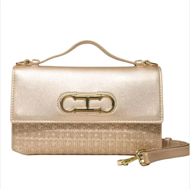 Premium Leather Monogram Handbag with Metallic Clasp & Top Handle