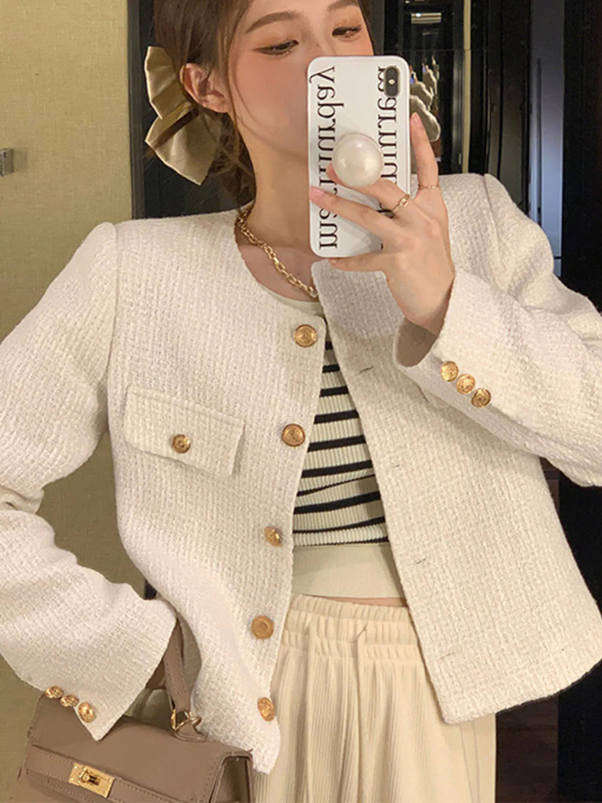 Women's Short Wool Tweed Coat with Gold Buttons – Slim Fit