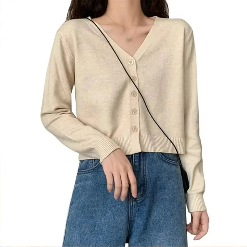 Women's Cropped Knit Cardigan – V-Neck Long Sleeve Button-Down Sweater