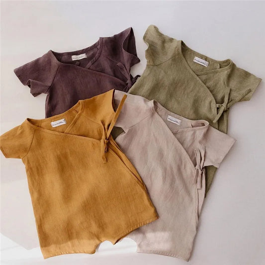Linen Cotton Baby Romper – Unisex Wrap Jumpsuit for Newborn to Toddler