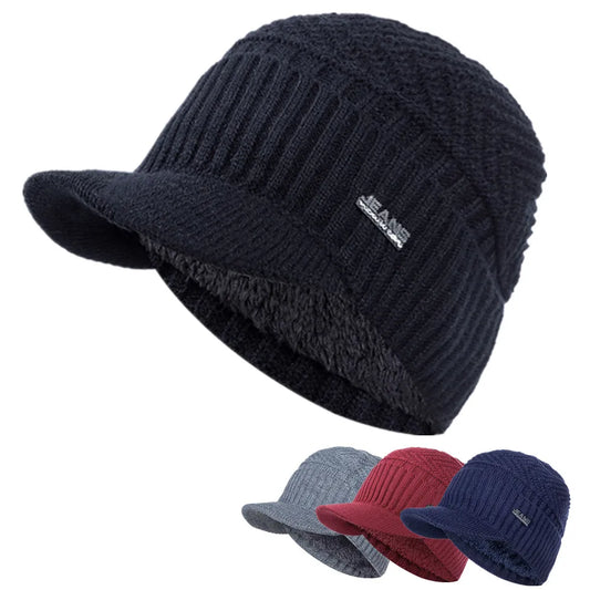 Fur-Lined Knit Beanie Cap with Brim – Unisex Winter Hat