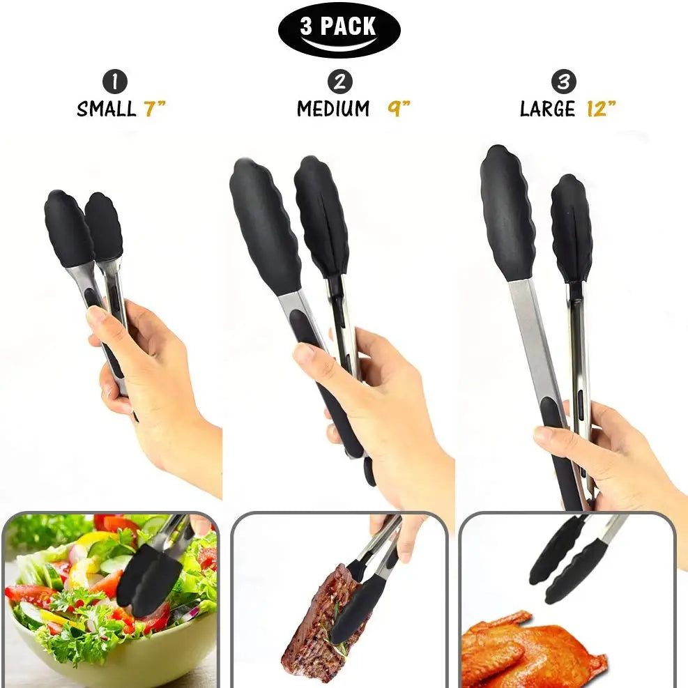 Silicone Kitchen Tongs – Stainless Steel Locking BBQ Tongs