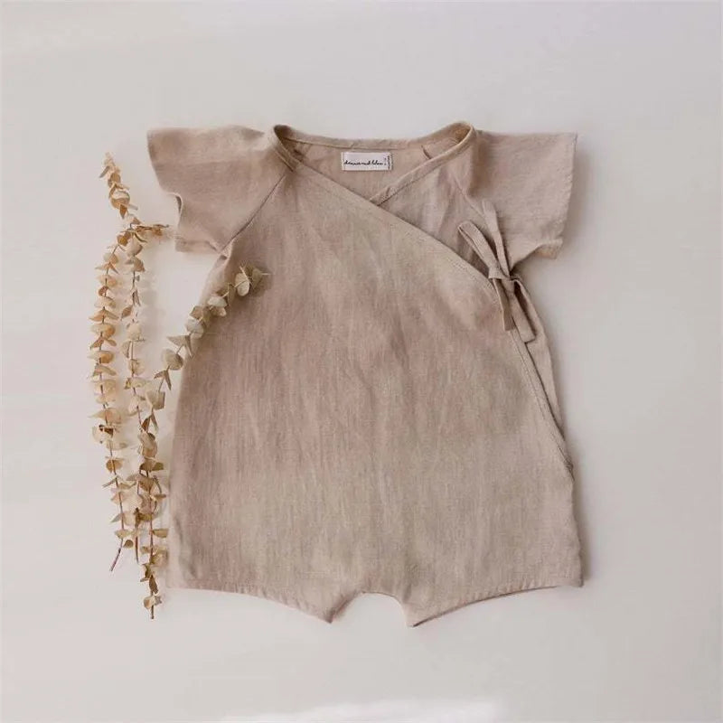 Linen Cotton Baby Romper – Unisex Wrap Jumpsuit for Newborn to Toddler