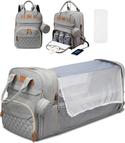 3-in-1 Diaper Bag Backpack with Foldable Baby Bed & USB Charging Port