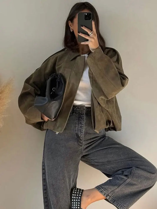 Women's Suede Bomber Jacket – Loose Casual Vintage Lapel Coat
