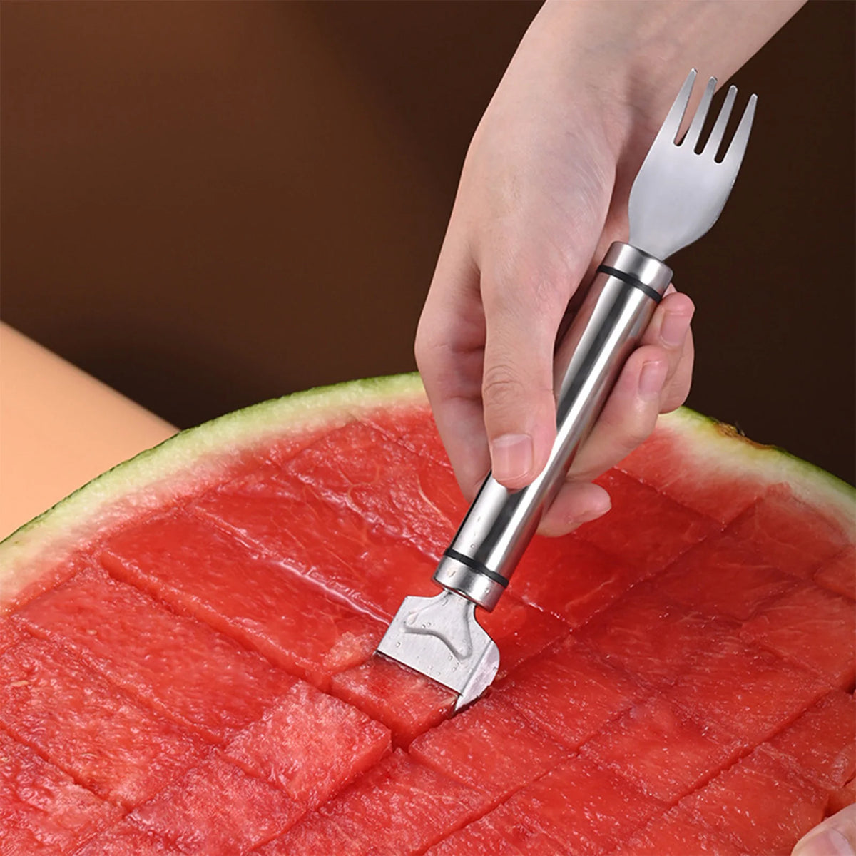 Watermelon Slicer & Fork – 2-in-1 Stainless Steel Fruit Cutting Tool
