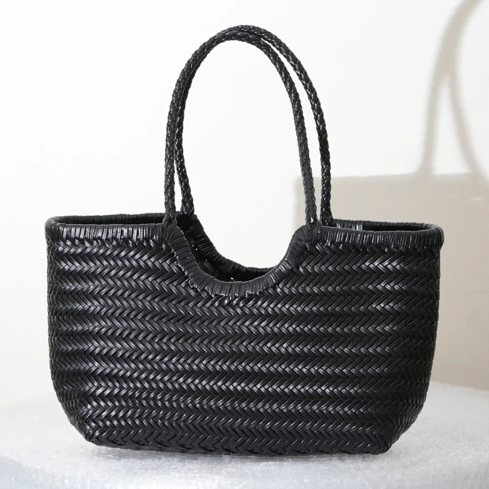 Woven Genuine Leather Tote Bag for Women – Cowhide Shoulder Bag