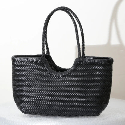 Woven Genuine Leather Tote Bag for Women – Cowhide Shoulder Bag