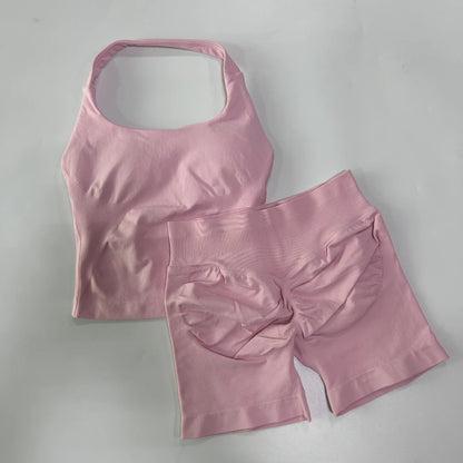 Women's 2-Piece Gym Set – Backless Halter Top & Seamless Shorts