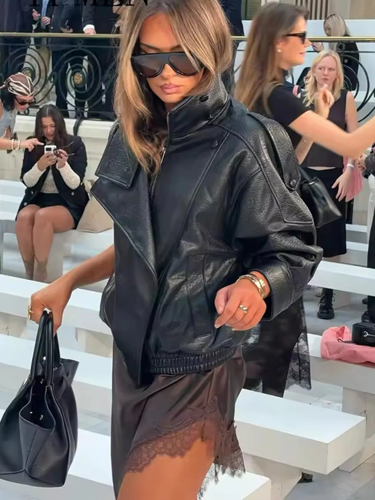Oversized Faux Leather Jacket for Women – Button Closure