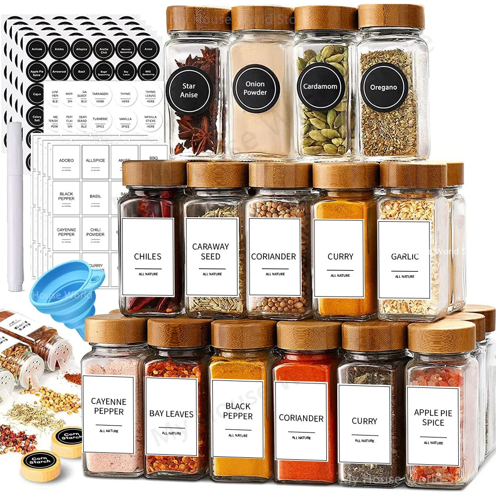 13-Piece Glass Spice Jar Set with Bamboo Lids & Rack