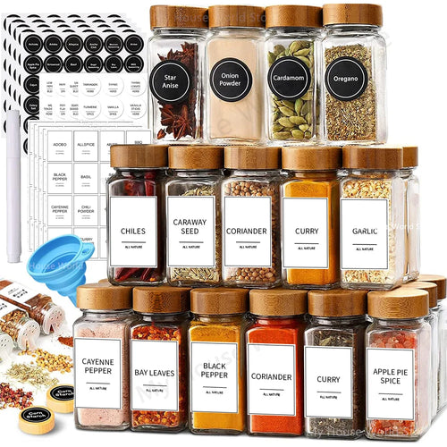 13-Piece Glass Spice Jar Set with Bamboo Lids & Rack