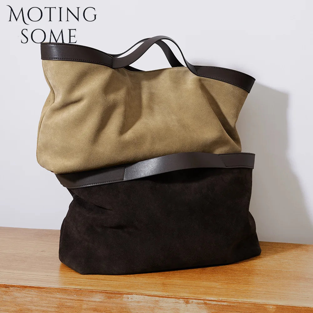 Oversized Suede Tote Bag with Leather Trim & Pouch