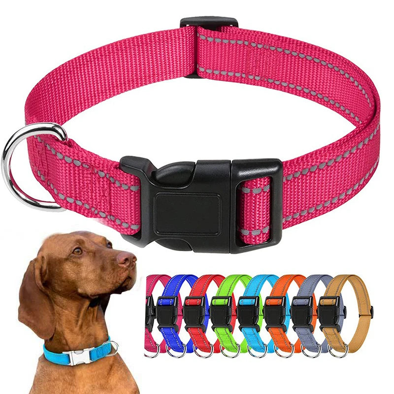 Reflective Dog Collar – Adjustable Nylon with Quick-Release Buckle, XS–XL