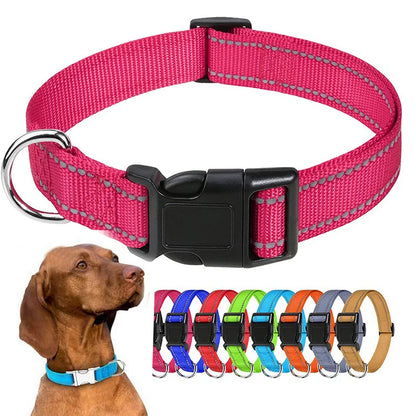 Reflective Dog Collar – Adjustable Nylon with Quick-Release Buckle, XS–XL
