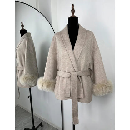 Women's Fox Fur Trim Double-Sided Wool Coat – Belted Elegant Wrap