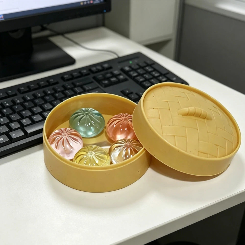 Squishy Dumpling Bun Fidget Toy Set – 5 Mini Buns + Steamer